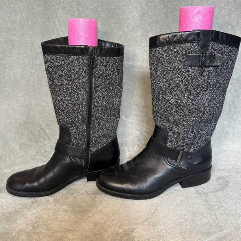 Ivanka Trump Black Leather Tweed Boots Size 8M Zip Buckle‎ Mixed Material Riding